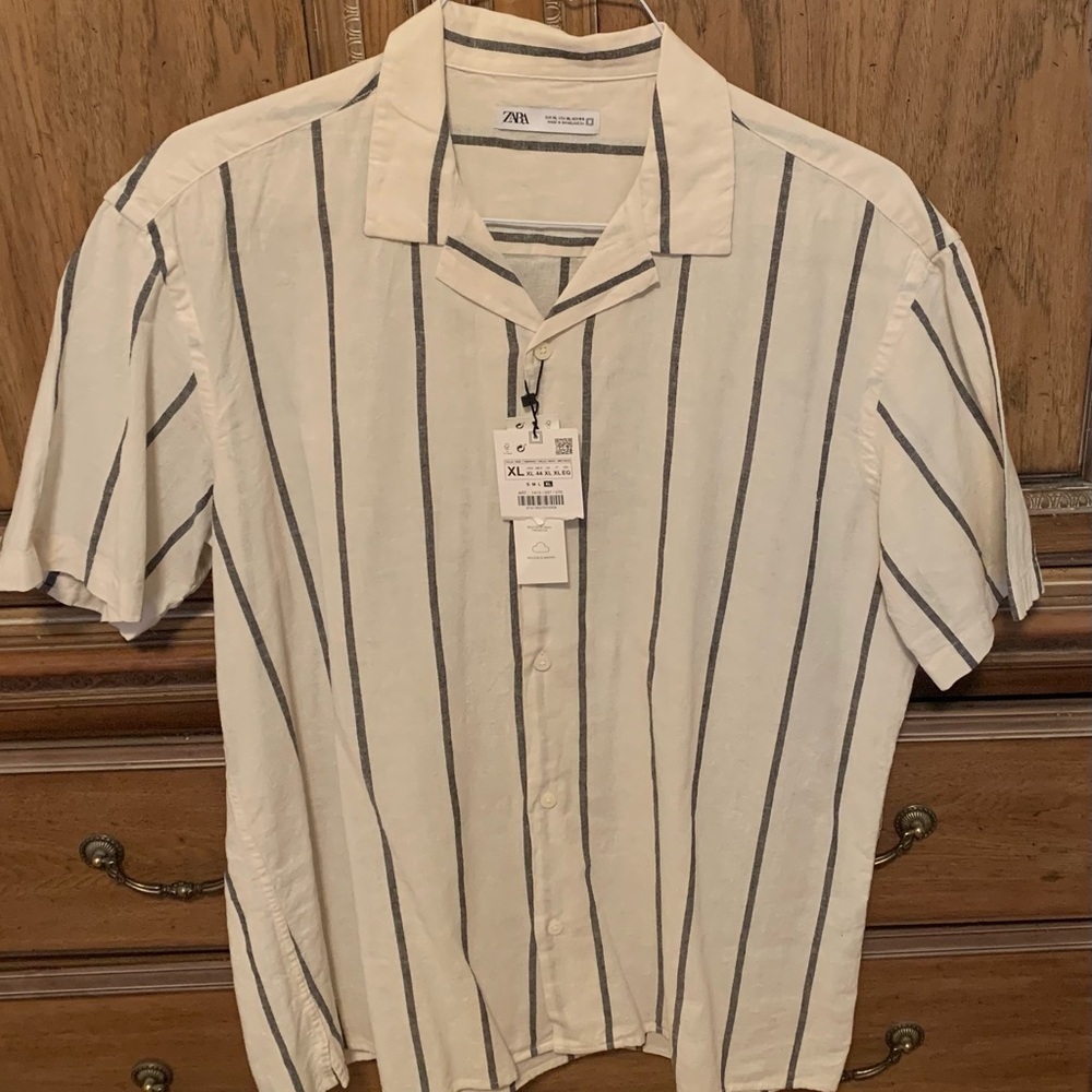 Zara Ecru Black Stripe Casual Button Down Shirt